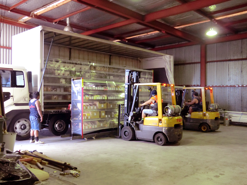 forklifts moving shelfs