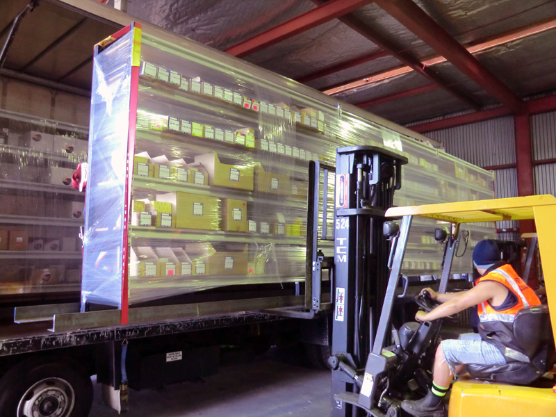 forklift moving shelfs